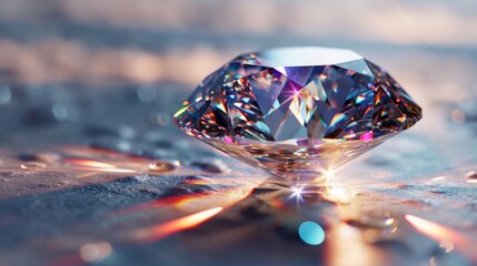 A detailed close-up view of a sparkling diamond placed on a table. Perfect for jewelry advertisements and articles on gemstones - obrazy, fototapety, plakaty