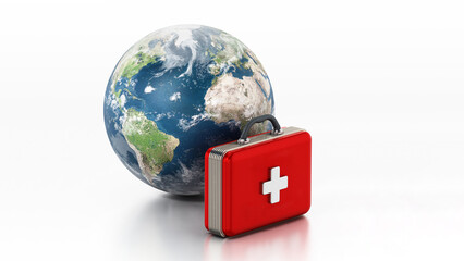 Covid-19 first aid kit and globe isolated on white background. 3D illustration