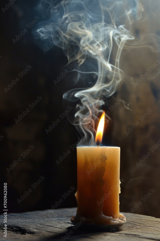 Poster a lit candle emitting smoke. perfect for creating a cozy atmosphere or adding a touch of mystery to 