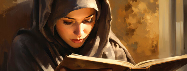 A young nun girl reads the Bible. Woman's prayer. Easter. Faith in Christ.