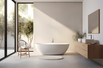 A modern classic minimalist bathroom featuring a freestanding bathtub, a minimalist vanity, and a large window allowing natural light to fill the space.