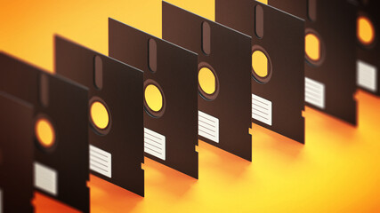 5.25 inch floppy disks isolated on yellow background. 3D illustration