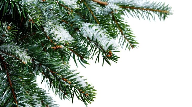 A detailed view of a pine tree covered in snow. This image can be used to depict winter landscapes or the beauty of nature in cold weather