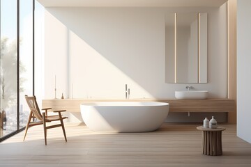 Fototapeta na wymiar A modern classic minimalist bathroom featuring a freestanding bathtub, a wall-mounted faucet, and a minimalist bench for a touch of functionality.
