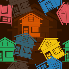 Editable Flat Monochrome Houses Vector Illustration Icons Seamless Pattern in Various Color With Dark Background for Property or Lodging Related Design