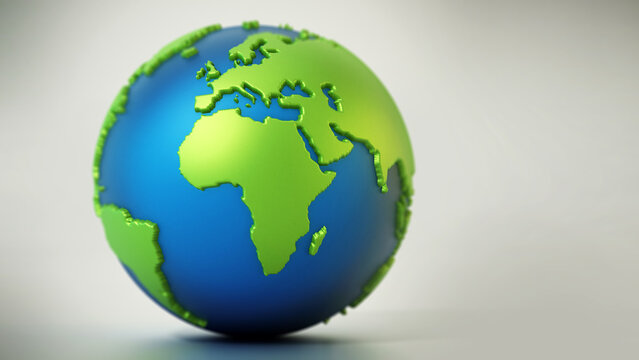 Blue and green colored globe isolated on gray. 3D illustration