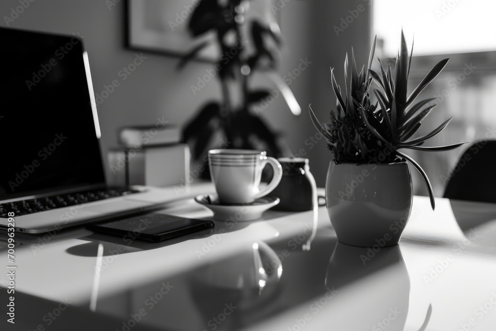 Poster a laptop computer is placed on top of a desk, accompanied by a cup of coffee. this image can be used