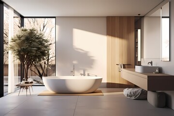 A modern classic minimalist bathroom with a freestanding bathtub, a sleek vanity, and a large mirror reflecting the natural light.
