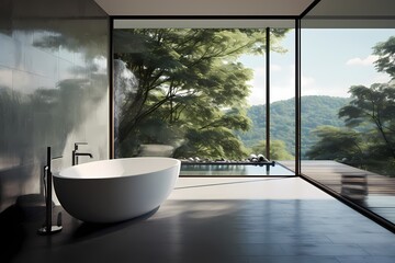 A modern classic minimalist bathroom with a large soaking tub, a minimalist vanity, and a floor-to-ceiling window offering a view of nature.