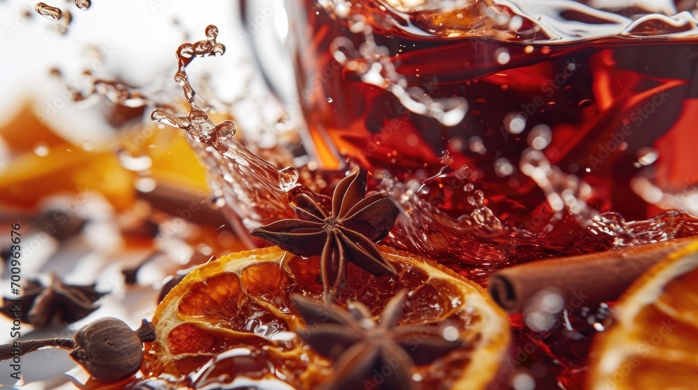 Poster a refreshing glass of tea garnished with orange slices and a fragrant star anise. perfect for a rela