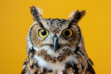 A detailed close-up image of an owl featuring its striking yellow eyes. Perfect for nature enthusiasts and wildlife-themed projects