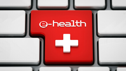 E-health text and cross symbol on enter key. 3D illustration