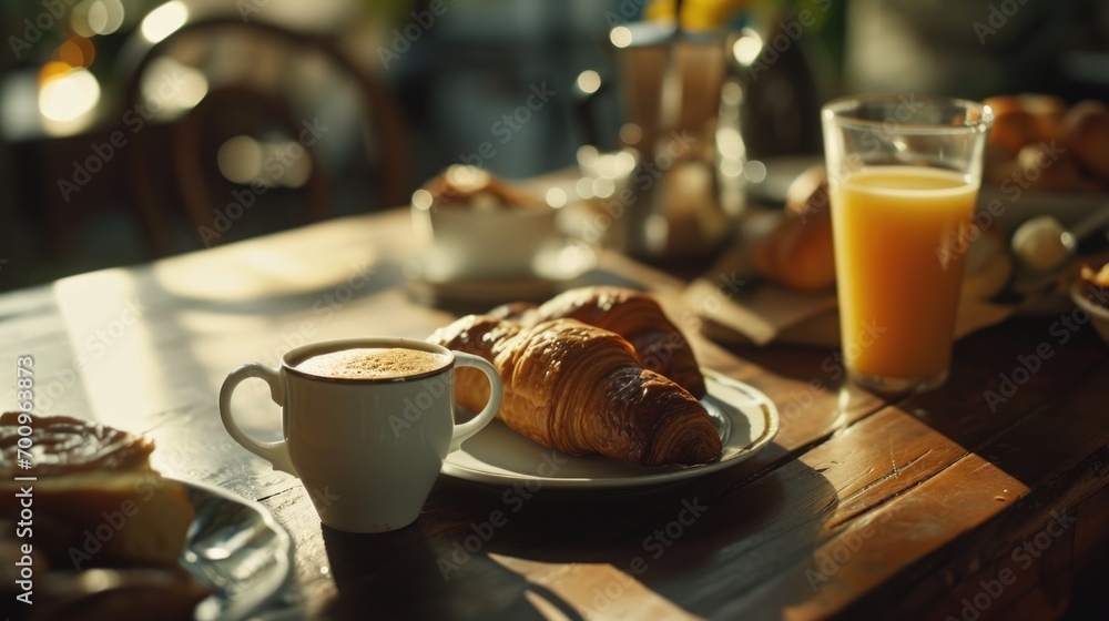 Poster a table set with various plates of food and a cup of coffee. perfect for showcasing a delicious meal