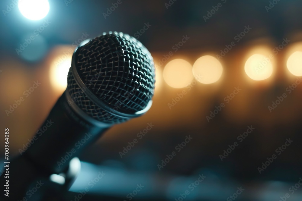 Poster a detailed view of a microphone with vibrant lights in the background. perfect for music events, con