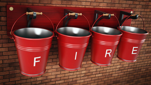 Vintage fire buckets hanging on the wall. 3D illustration