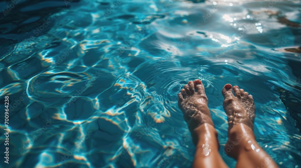Poster a picture of a person's feet submerged in a pool of water. this image can be used to depict relaxati