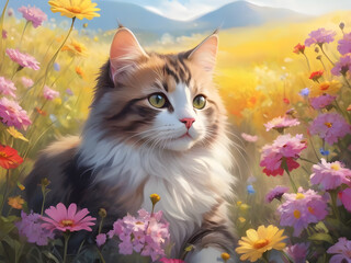 Naklejka na ściany i meble Beautiful, cute kitten sitting among various flowers, soft sun, summer breeze, bright colors