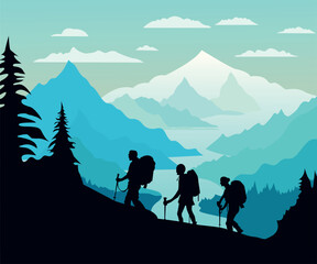 winter mountain hiking landscape illustration