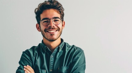 A man wearing glasses and a green shirt - obrazy, fototapety, plakaty
