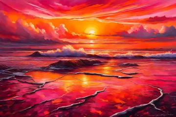 Papier Peint photo Rouge illustration of sunset on beach 