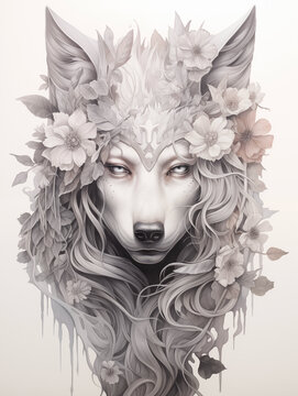 Beautiful hyperrealistic whimsical ink portrait of a female wolf decorated by flowers, pastel color palette