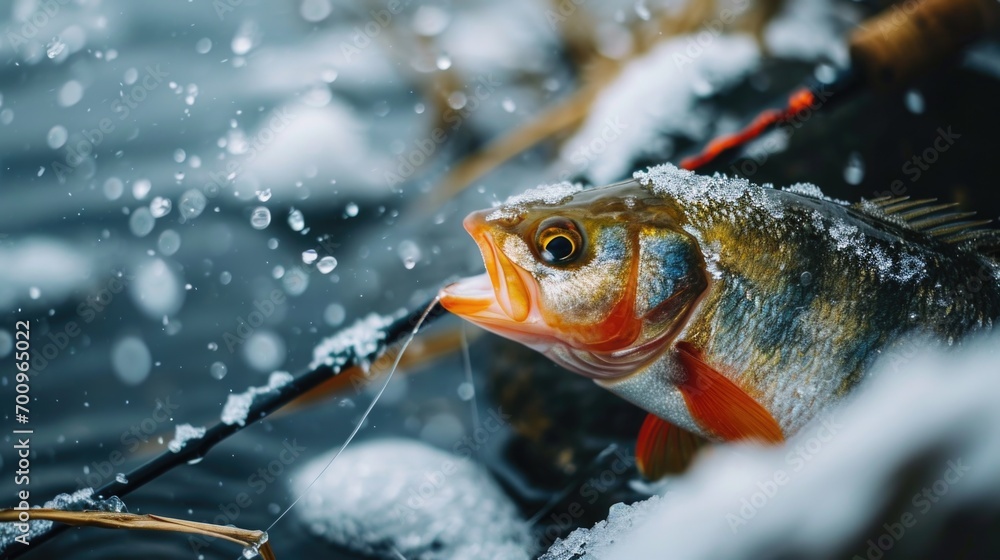 Poster a unique picture of a fish standing in the snow. this image can be used to depict unexpected situati