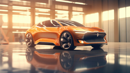 Fototapeta na wymiar Presentation of a new orange car in a spacious sunlit pavilion