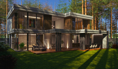 3D visualization of a modern house in the forest. Modern architecture. House with panoramic windows