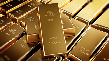 Stack of one kilogram gold bars. 3D illustration - obrazy, fototapety, plakaty