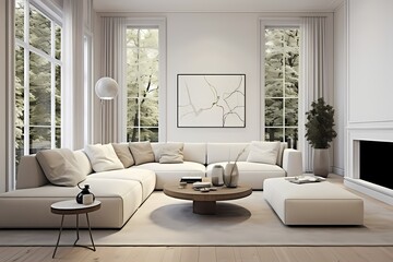 A modern classic minimalist living room with a clean color palette, sleek furniture, and a large window allowing natural light to fill the space.