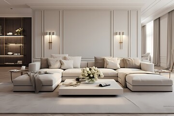 A modern classic minimalist living room with a neutral color palette, a plush sofa, and a minimalist coffee table, creating a cozy yet elegant atmosphere.