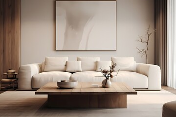 A modern classic minimalist living room with a neutral color palette, a plush sofa, and a minimalist coffee table, creating a cozy yet elegant atmosphere.