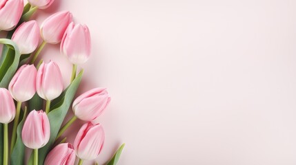 Beautiful colorful tulip flowers on pink background, top view. Space for text - Powered by Adobe