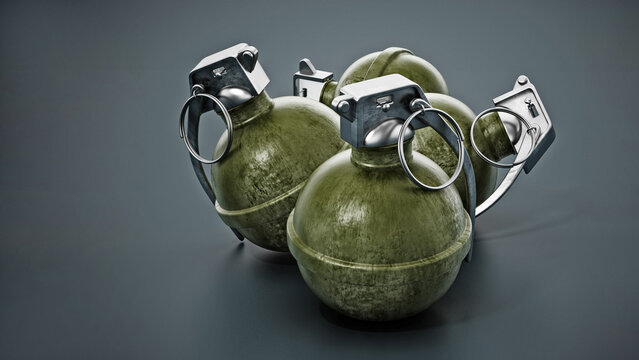 Hand grenades standing on dark background. 3D illustration
