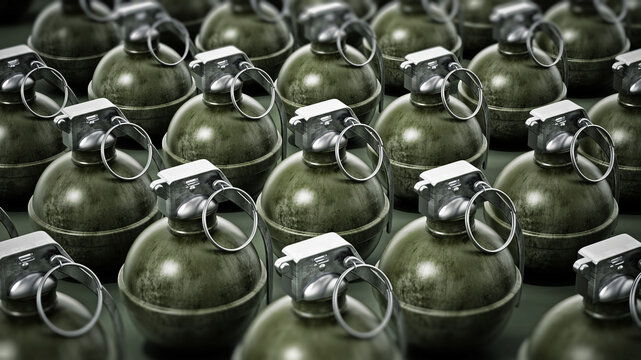 Hand grenades standing on dark background. 3D illustration
