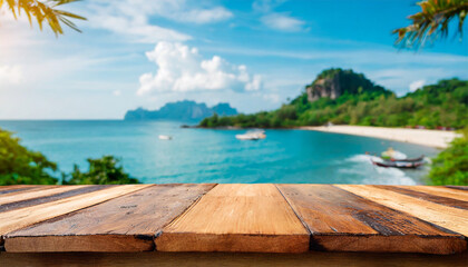 Wooden table set against the backdrop of the sea, an island, and the clear blue sky
