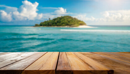 Fototapeta na wymiar Wooden table set against the backdrop of the sea, an island, and the clear blue sky