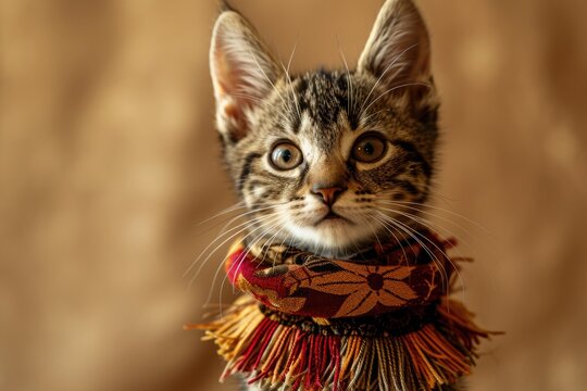 A cute cat wearing a scarf and making eye contact with the camera. Suitable for various uses
