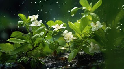 Spring rain falling on fresh greenery and washing the first flowers. © brillianata