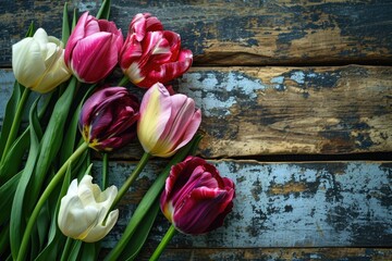A bunch of tulips sitting on top of a wooden table. Ideal for home decor or floral arrangements - obrazy, fototapety, plakaty