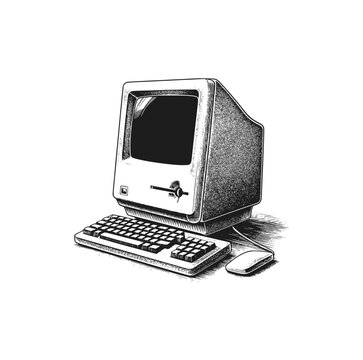 Hand drawn of vintage 1980s personal computer. Vector illustration.