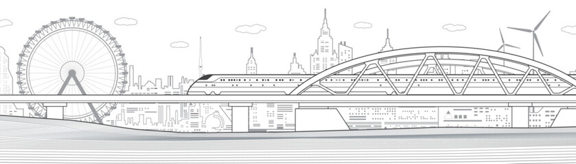 Train rides on the bridge. City industry and transport illustration. Ferris wheel. Urban scene. Gray lines on white background. Vector design art - 700966008