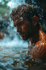 Fototapeta na wymiar Young attractive and muscular man under a tropical waterfall