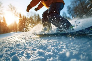 A person riding a snowboard down a snow covered slope. Ideal for winter sports and outdoor activities