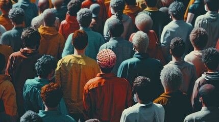 A crowd of people gathered together, each wearing a brain on their head. This unique and eye-catching image can be used to symbolize intelligence, creativity, and brainstorming in various contexts - obrazy, fototapety, plakaty