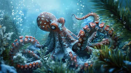 An octopus swimming gracefully in the water. Perfect for marine life enthusiasts and educational materials - obrazy, fototapety, plakaty