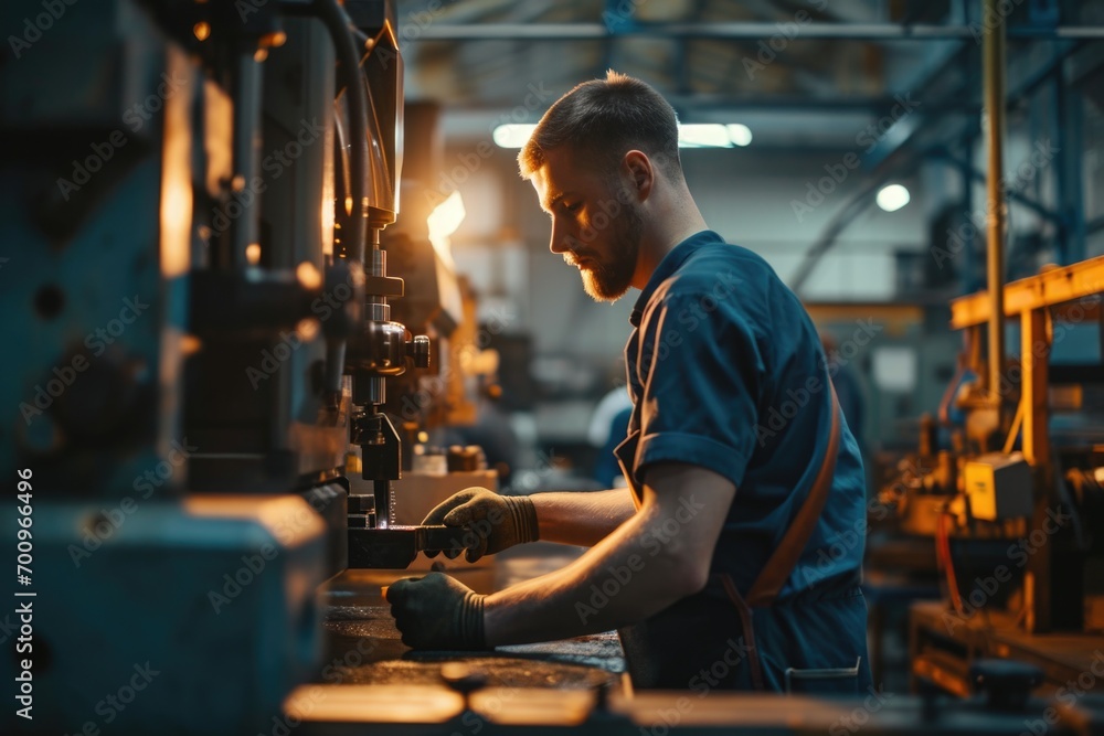 Poster a man is seen working on a machine in a factory. this image can be used to depict industrial work, m