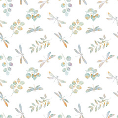 seamless abstract pattern drawn in watercolor, cut out silhouette of dragonflies and leaves on a white background.