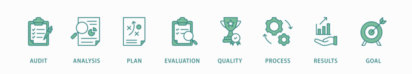 Assessment banner web icon vector illustration concept  accreditation and evaluation method on business and education with audit, analysis, plan, evaluation, quality,process,results and goal icon - obrazy, fototapety, plakaty