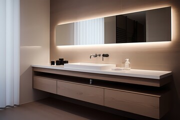 Fototapeta na wymiar A modern classic minimalist washroom with a floating vanity, a sleek mirror, and recessed lighting, creating a serene and uncluttered environment.